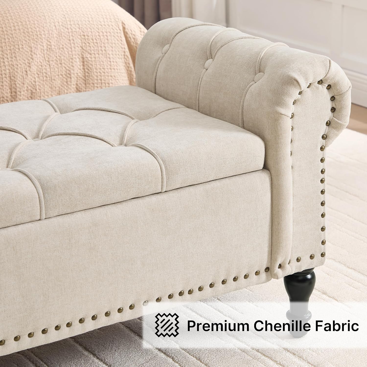 Storage Bed Bench for Bedroom, Chenille 67' End of Bed King Size Benches with Armrest, Tufted Button Upholstered Ottoman Bench for Living Room, Entryway, Camel