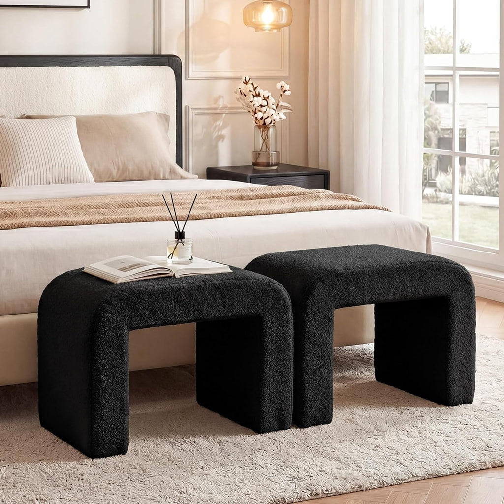 Tribesigns Set of 2 Modern Vanity Stool, Sherpa Upholstered Foot Stool Ottoman, Large Foot Rest for Couch, Shoe Bench for Entryway, Extra Seating for Living Room, Bedroom, No Assembly, Black