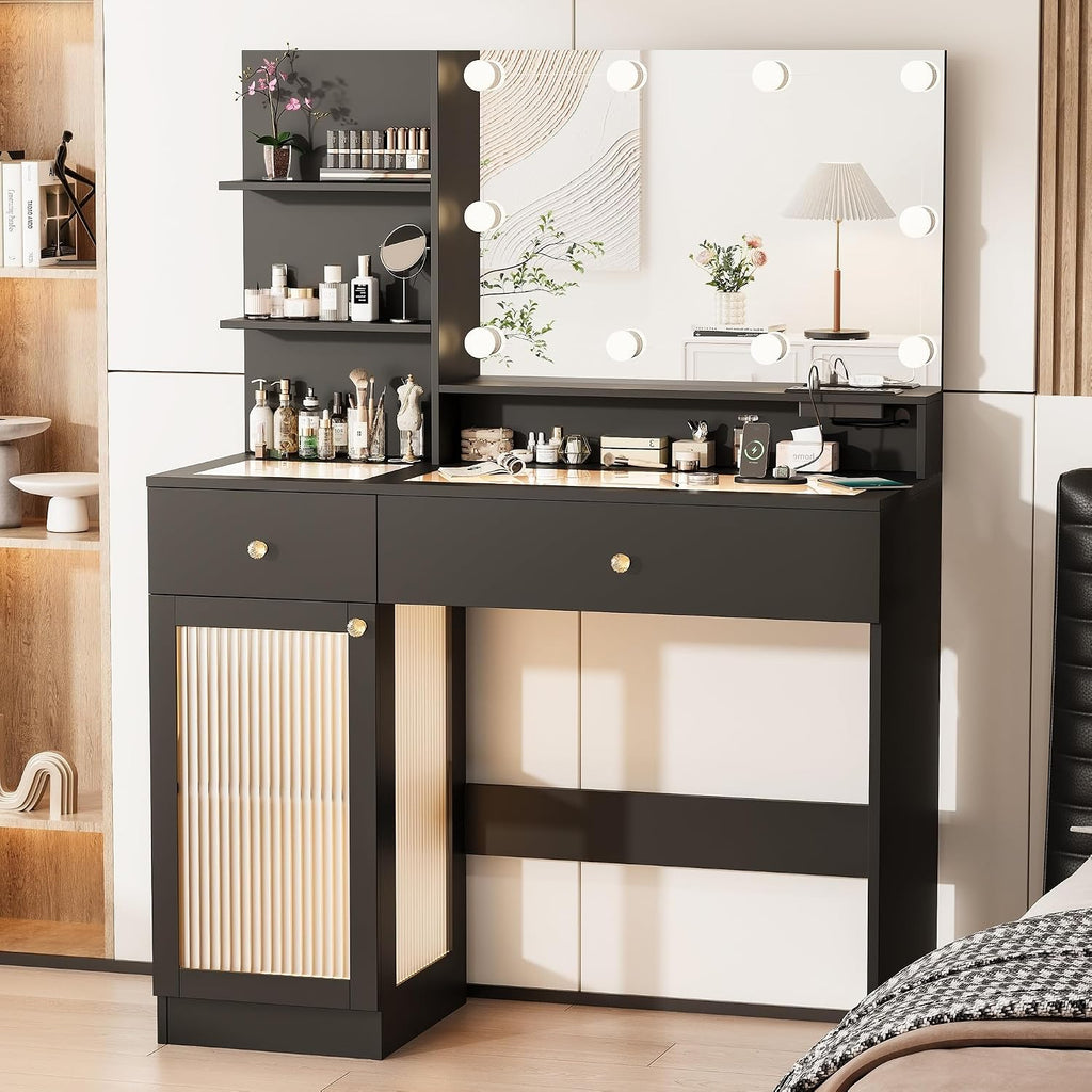 INNOD 40' Vanity Desk with Large Mirror and Lights, Modern Glass Top Makeup Vanity Set with Power Outlet, Drawers and Cabinet, 3 Lighting Color Adjustable Dressing Table for Bedroom, Black