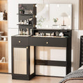 INNOD 40' Vanity Desk with Large Mirror and Lights, Modern Glass Top Makeup Vanity Set with Power Outlet, Drawers and Cabinet, 3 Lighting Color Adjustable Dressing Table for Bedroom, Black