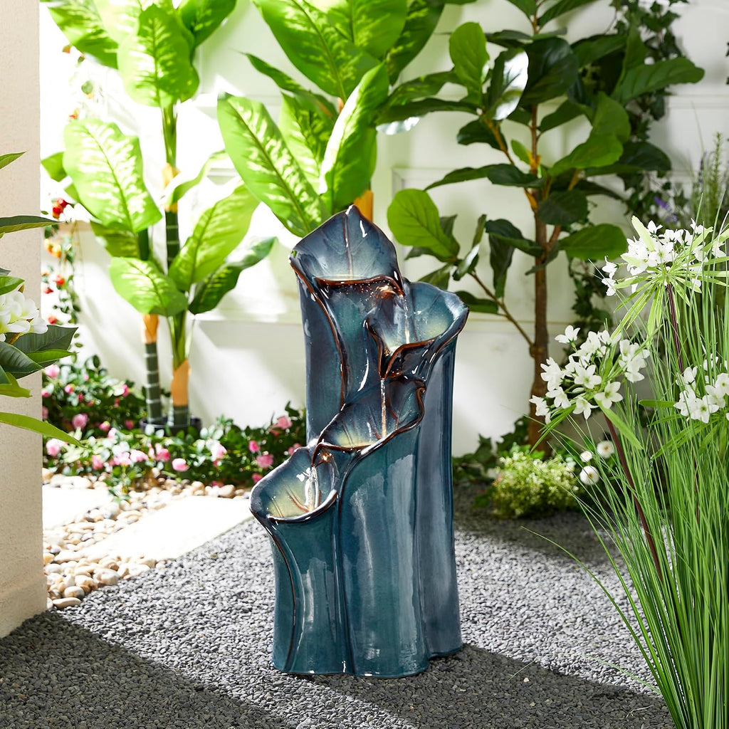 Glitzhome 31.25' H Outdoor Water Fountain with LED Lights and Pump, 4 Tier Turquoise Lotus Leaf Textured Ceramic Floor Standing Fountain, Vase Waterfall Fountains for Porch Deck Garden Patio Backyard