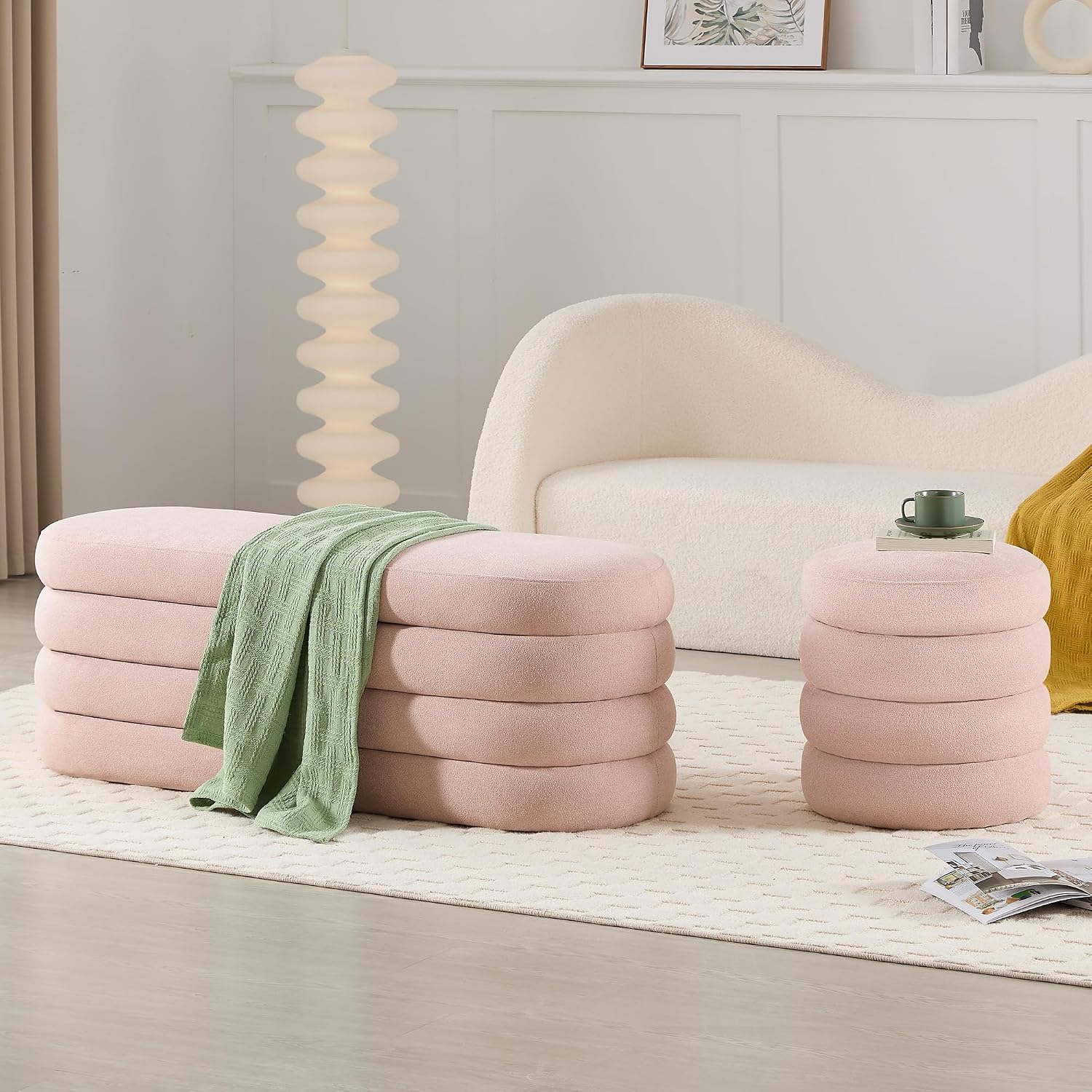 Busaurus Storage Ottoman Bench 49.2 Inch Upholstered Fabric Storage Bench for Bedroom End of Bed Aesthetic Large Oval Ottoman for Living Room Entryway (Pink)