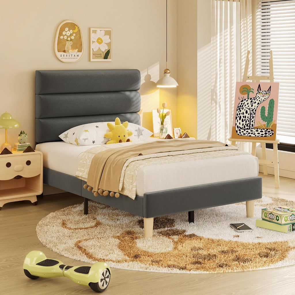 Fluest Twin Bed Frame, Platform Bed Frame with Velvet Upholstered Headboard, No Box Spring Needed, Sturdy Metal Support, Noise Free, Easy Assembly, Modern Bedroom Furniture, Grey