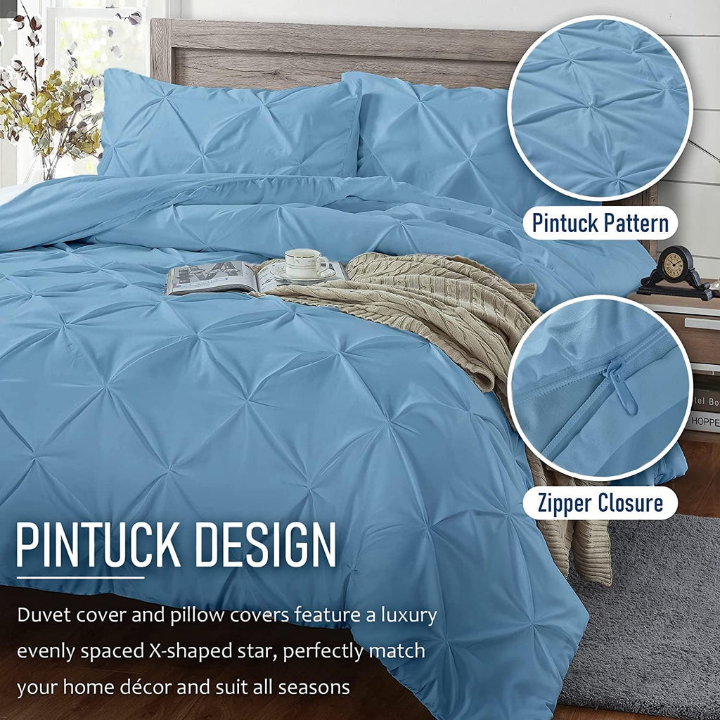 Crown Collection Luxuriate Hotel 1000 TC Hypoallergenic Ultra Soft Design 100% Egyptian Cotton Pinch Plated Duvet Cover with Zipper Colser & 2pcs Pillow Case Set (Super King Plus 120X120, Light Blue)