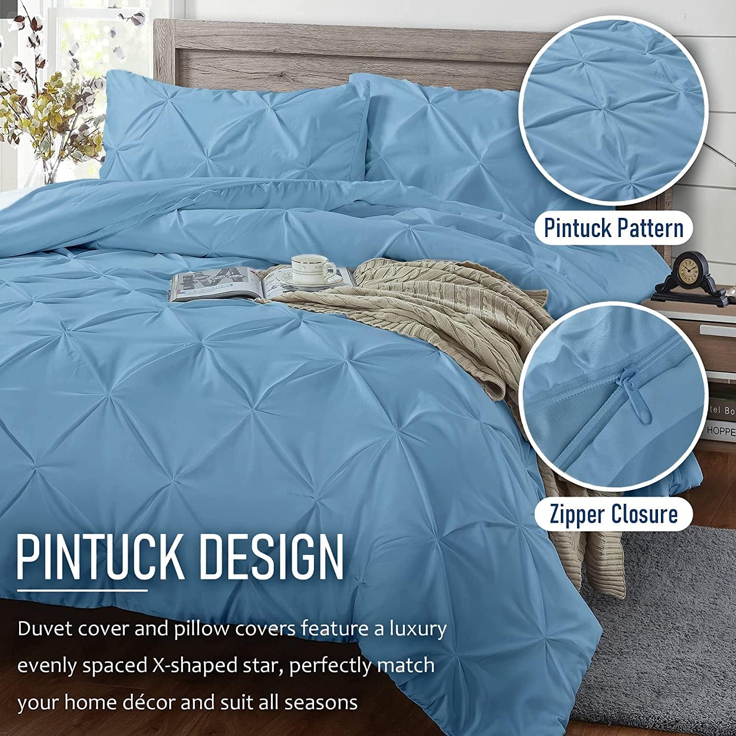 Crown Collection Luxuriate Hotel 1000 TC Hypoallergenic Ultra Soft Design 100% Egyptian Cotton Pinch Plated Duvet Cover with Zipper Colser & 2pcs Pillow Case Set (Super King Plus 120X120, Light Blue)