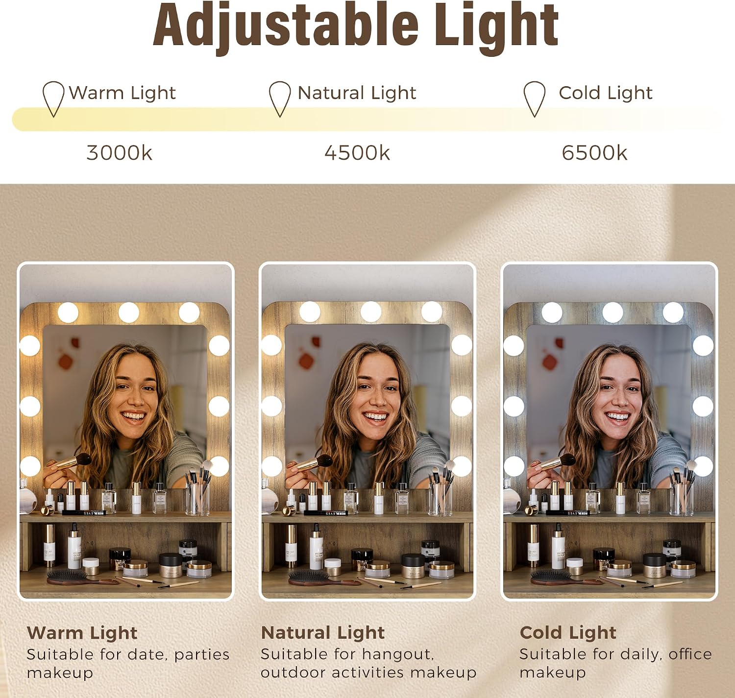 SUNVIVI Vintage Vanity Desk with Lighted Mirror, 40' Large Dressing Makeup Vanity Table with 4 Drawers, 3 Color Lighting Modes & 10 Brightness, Dressing Table with Metal Frame for Woman Adult Bedroom