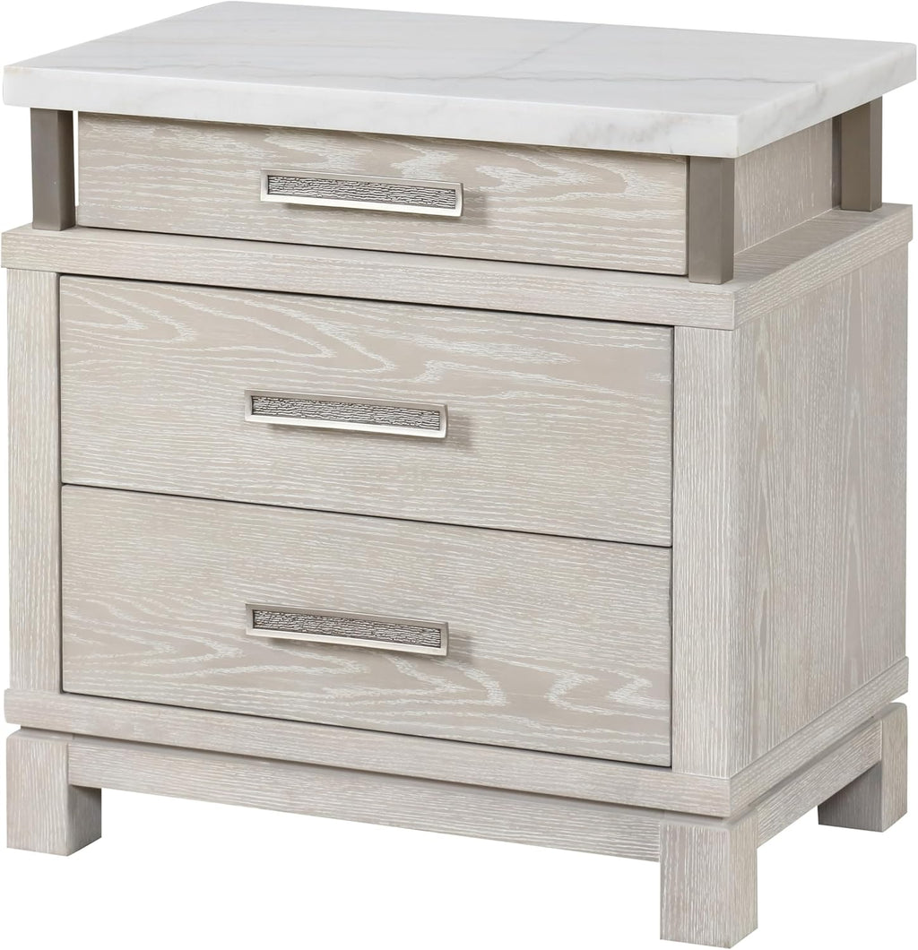 Furniture of America Bailer Modern Solid Wood 3-Piece Bedroom Set with LED on Headboard, Stainless Steal Posts and Marble Top on Nightstand, Box Spring Needed, Queen, Weathered Gray