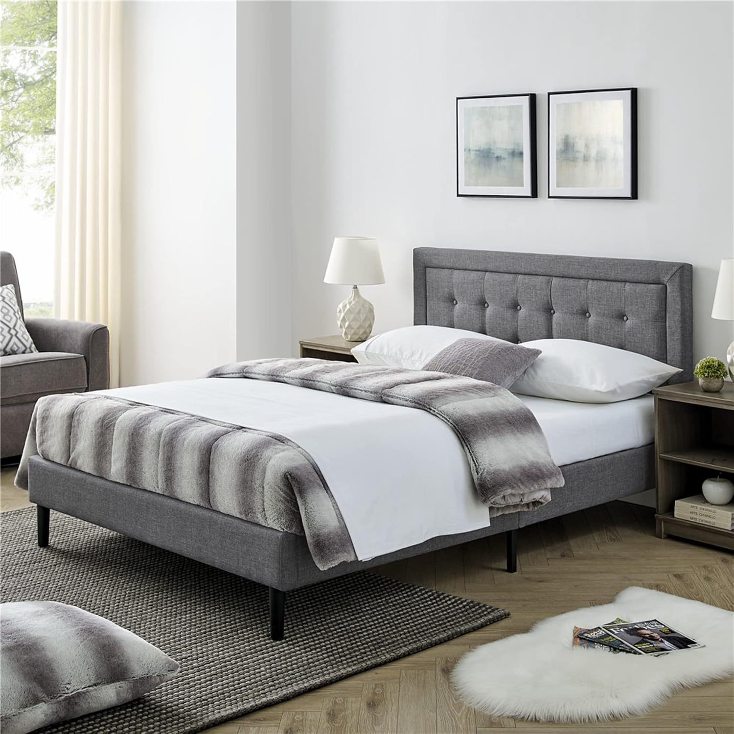 Decoro Mornington 2.0 Upholstered Platform Bed | Headboard and Metal Frame with Wood Slat Support, Grey, Queen Size
