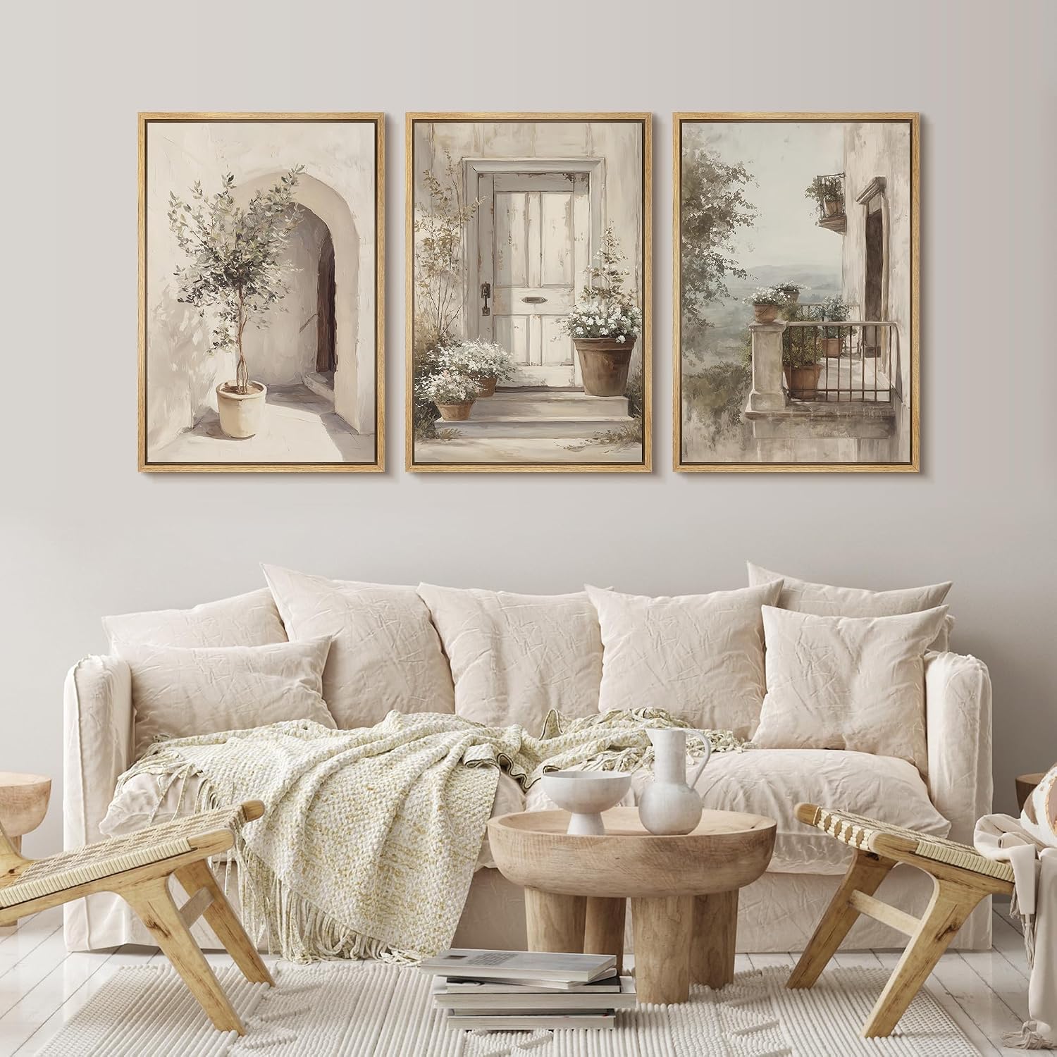 wall26 Framed Canvas Print Wall Art Set Mediterranean Courtyard with Olive Trees and Sunlit Doorway Illustrations Modern Art Decorative Multicolor for Living Room, Bedroom, Office - 16'x24'x3 NATURAL