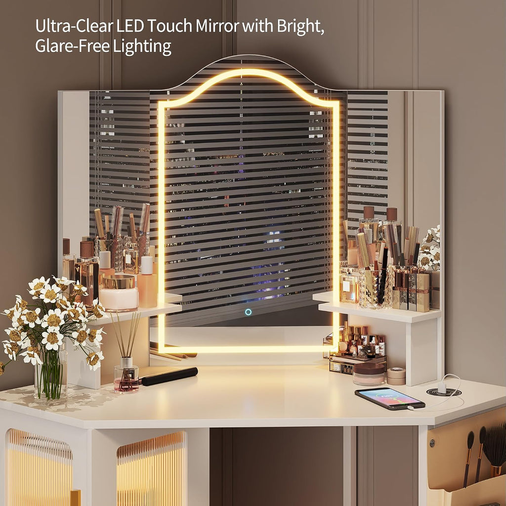 LVSOMT Corner Makeup Vanity Desk with Mirror and Lights, 44' Dressing Table with Charging Station, Makeup Table with Stool, Storage Cabinet and Adjustable Shelf, Bedroom Vanity for Girls Women, White