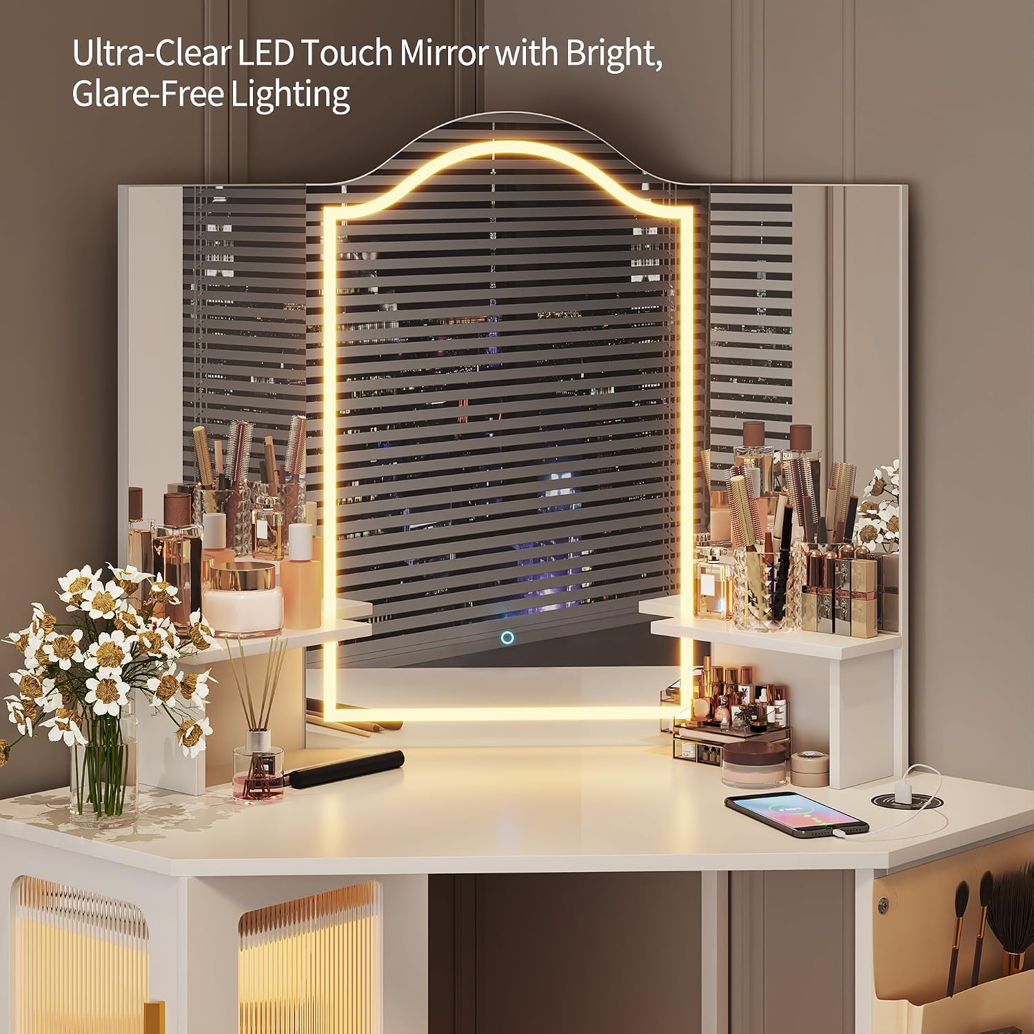 LVSOMT Corner Makeup Vanity Desk with Mirror and Lights, 44' Dressing Table with Charging Station, Makeup Table with Stool, Storage Cabinet and Adjustable Shelf, Bedroom Vanity for Girls Women, White