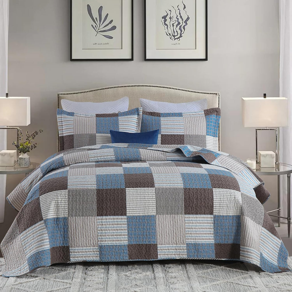 Y-PLWOMEN 100% Cotton Farmhouse Plaid Lightweight 3-Pieces Quilt Set (Blue Brown, King98 * 106 Inch)