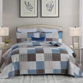 Y-PLWOMEN 100% Cotton Farmhouse Plaid Lightweight 3-Pieces Quilt Set (Blue Brown, King98 * 106 Inch)
