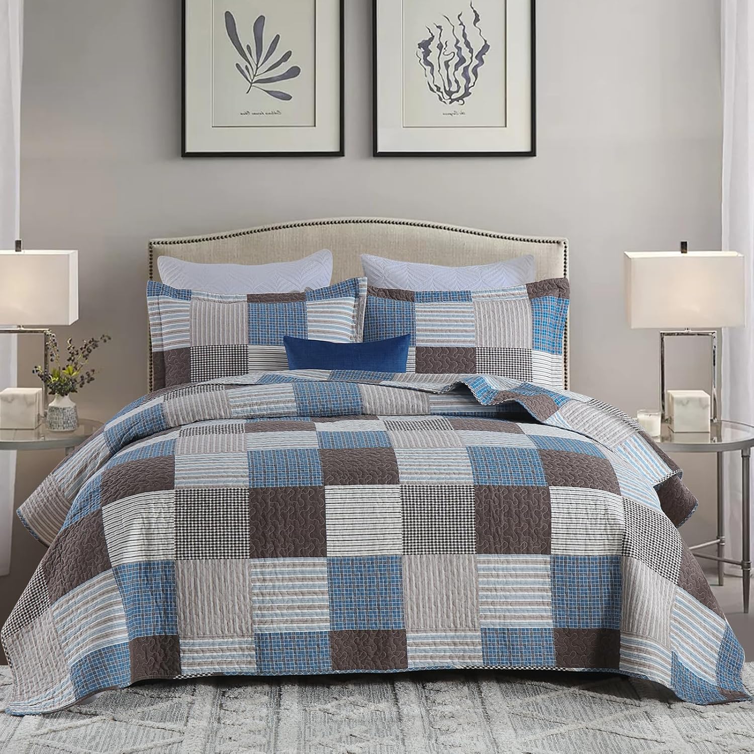 Y-PLWOMEN 100% Cotton Farmhouse Plaid Lightweight 3-Pieces Quilt Set (Blue Brown, King98 * 106 Inch)