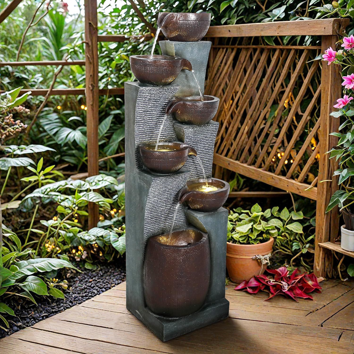 53.5in High Outdoor Indoor Water Fountain, 6-Tiered Poly-Resin Waterfall Fountain with LED Lights, Decorative Floor Standing Fountain for Garden, Patio, Yard, Home Decor