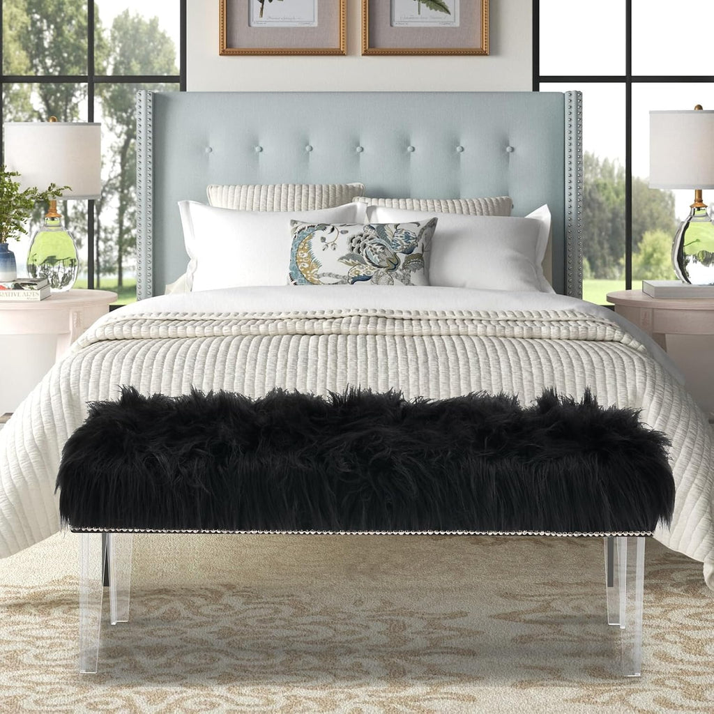 46 Inch Black Bedroom Bench, Benches for Bedroom White Faux Fur Upholstered Bed end Bench, Tufting Bench Indoor Bench with Acrylic Legs for Living Room Bedroom Dining Room Entryway