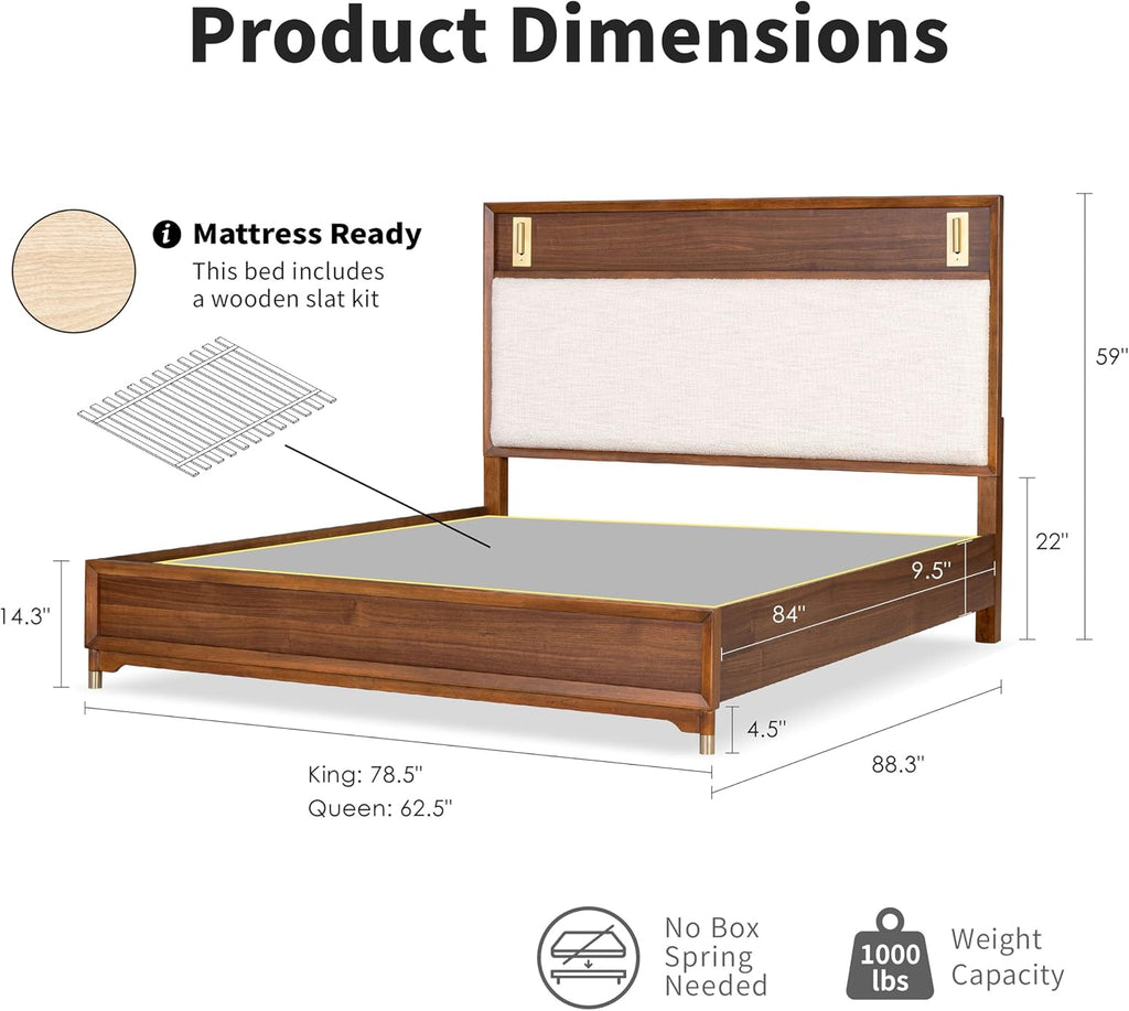 Furniture of America Forma Modern Solid Wood 3-Piece Bedroom Set with Upholstered Bed with LED Lights, Ball-Bearing Glide on Nightstand and Chest, No Box Spring Needed, King, Walnut