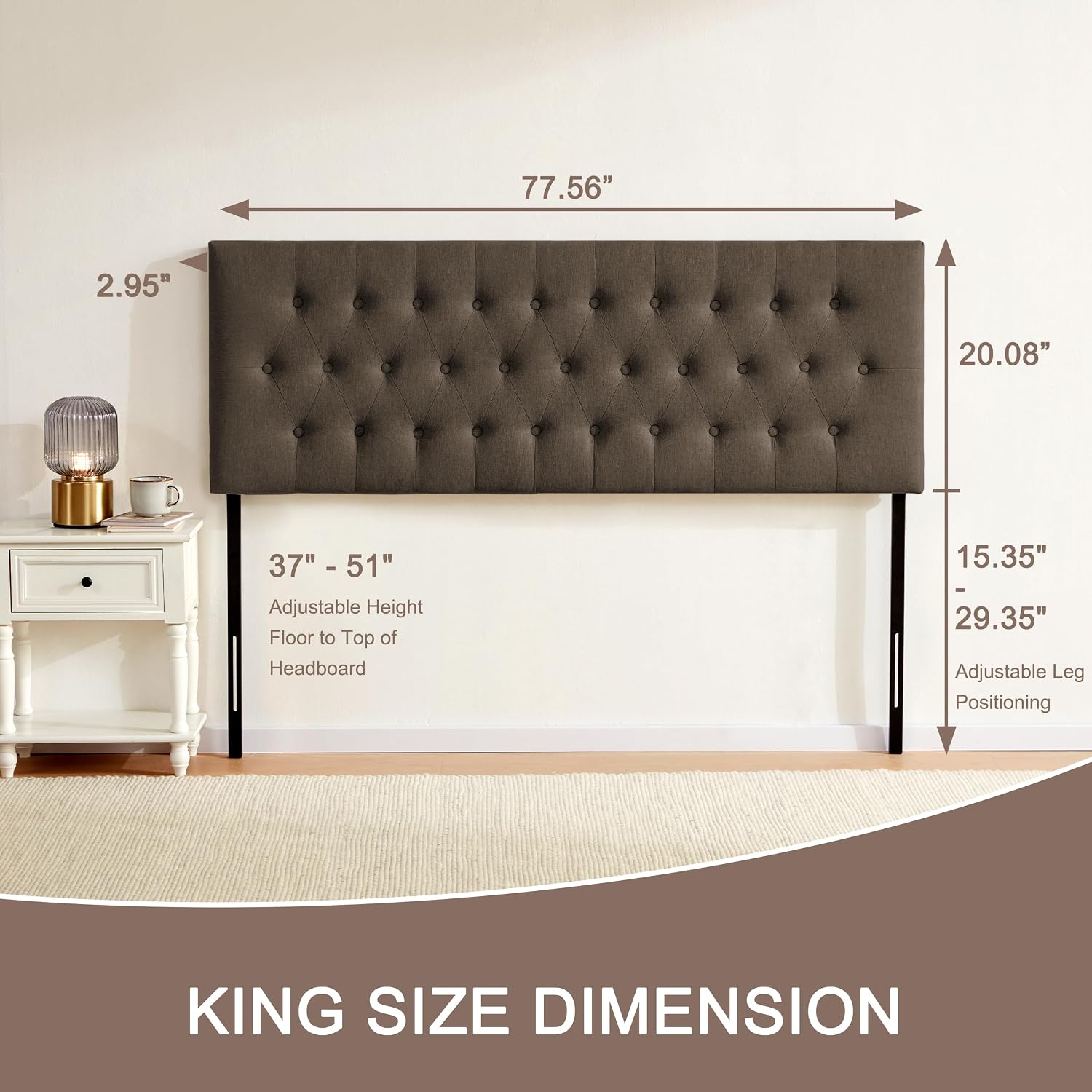 Huatean Home Tufted Upholstered Headboard King Size, Solid Wood Head Board with Durable Metal Legs, Adjustable Height Bed headboard from 37' to 51' Fabric Headboard in Modern Button Design, Chocolate