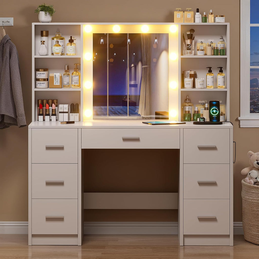 Vanity Desk with Mirror and LED Lights, Large Vanity with 7 Drawers and 6 Shelves, Make up Vanity Dressing Table with Charging Station for Girls, Women (White)