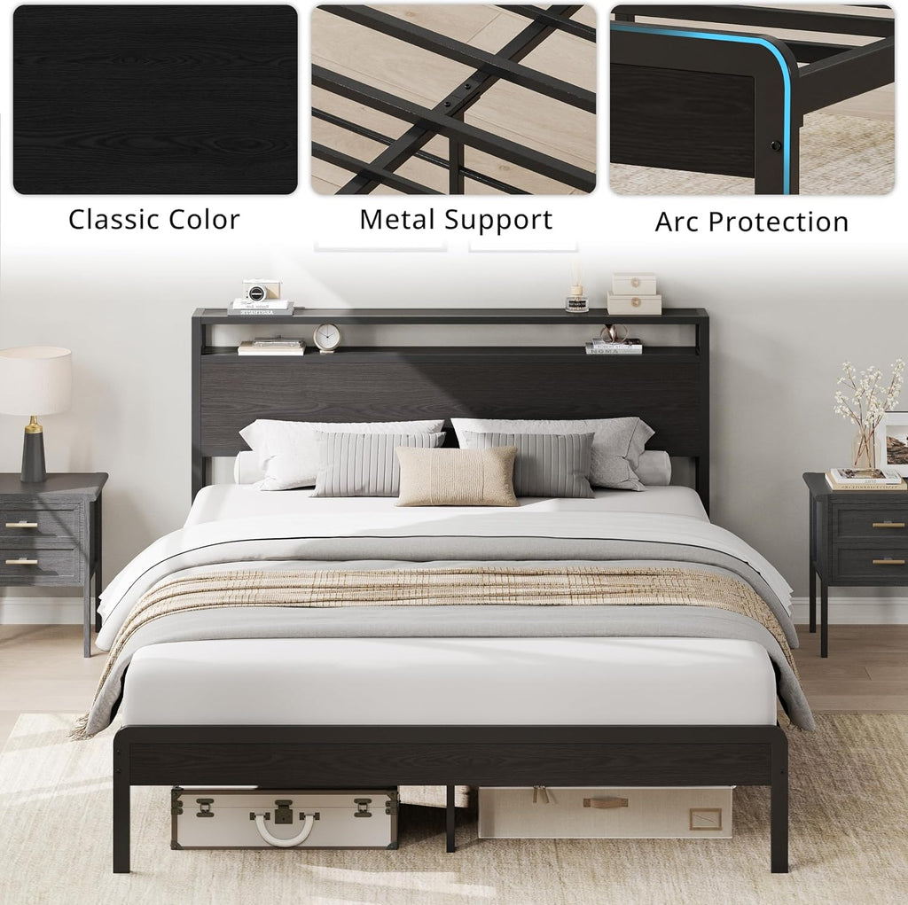 LIKIMIO Queen Bed Frame with Headboard, Dark Wood Camas Queen with Strong Supports, Sturdy, Noise-Free, No Box Spring Needed, Classic Black