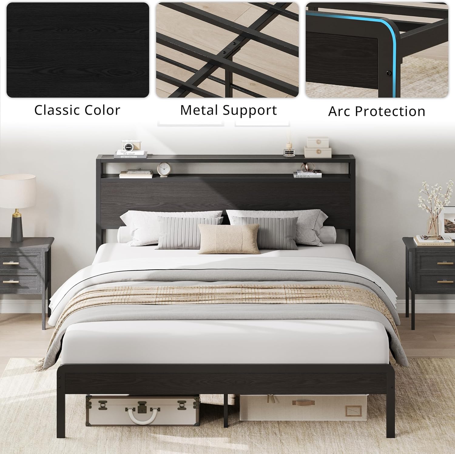 LIKIMIO Queen Bed Frame with Headboard, Dark Wood Camas Queen with Strong Supports, Sturdy, Noise-Free, No Box Spring Needed, Classic Black