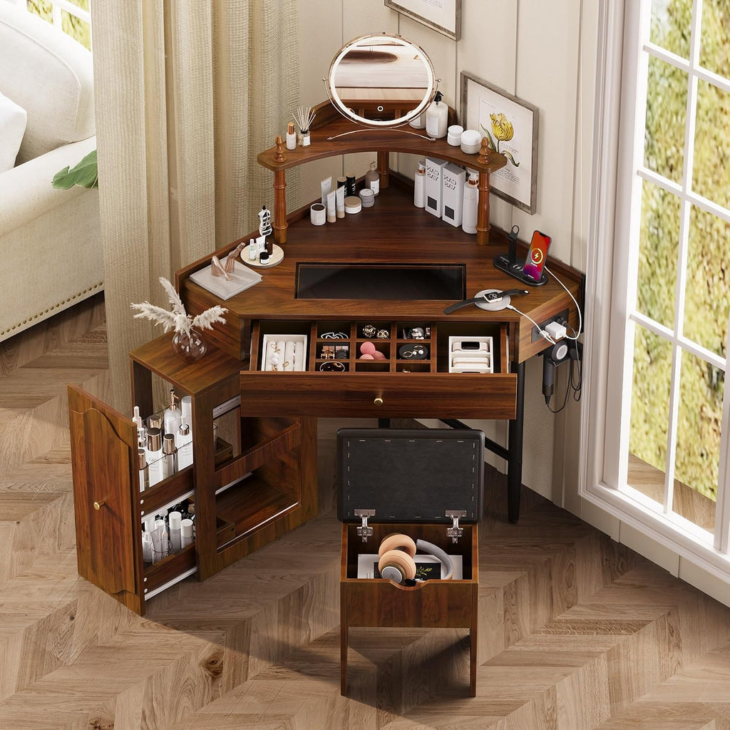 Corner Vanity Desk Set with Storage Cushioned Stool and Charging Station, Triangle Makeup Desk with Removable Pull-Out Side Cabinet, Glass Tabletop, Drawer and Shelf (Walnut)