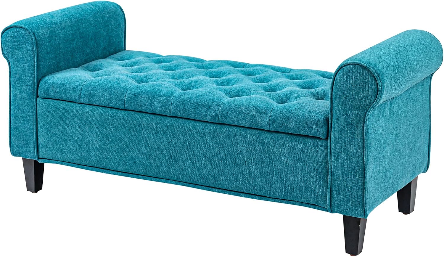 50' Storage Ottoman Bench, Upholstered End of Bed Bench with Rolled Arms, Wood Legs, Button Tufted Storage Bench with Safety Hinges for Living Room, Entryway, Bedroom, Teal