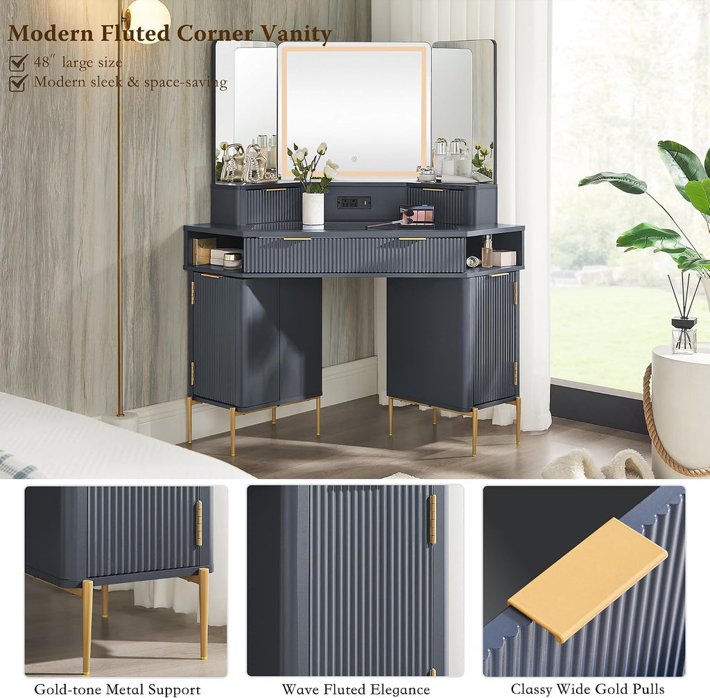 T4TREAM Corner Vanity Desk with Mirror and Lights, 48' Modern Fluted Makeup Vanity with Glass Top, 3-Panel Lighted Mirror & Charging Outlet, Dressing Table with 3 Drawers & 2 Cabinets, Dark Grey
