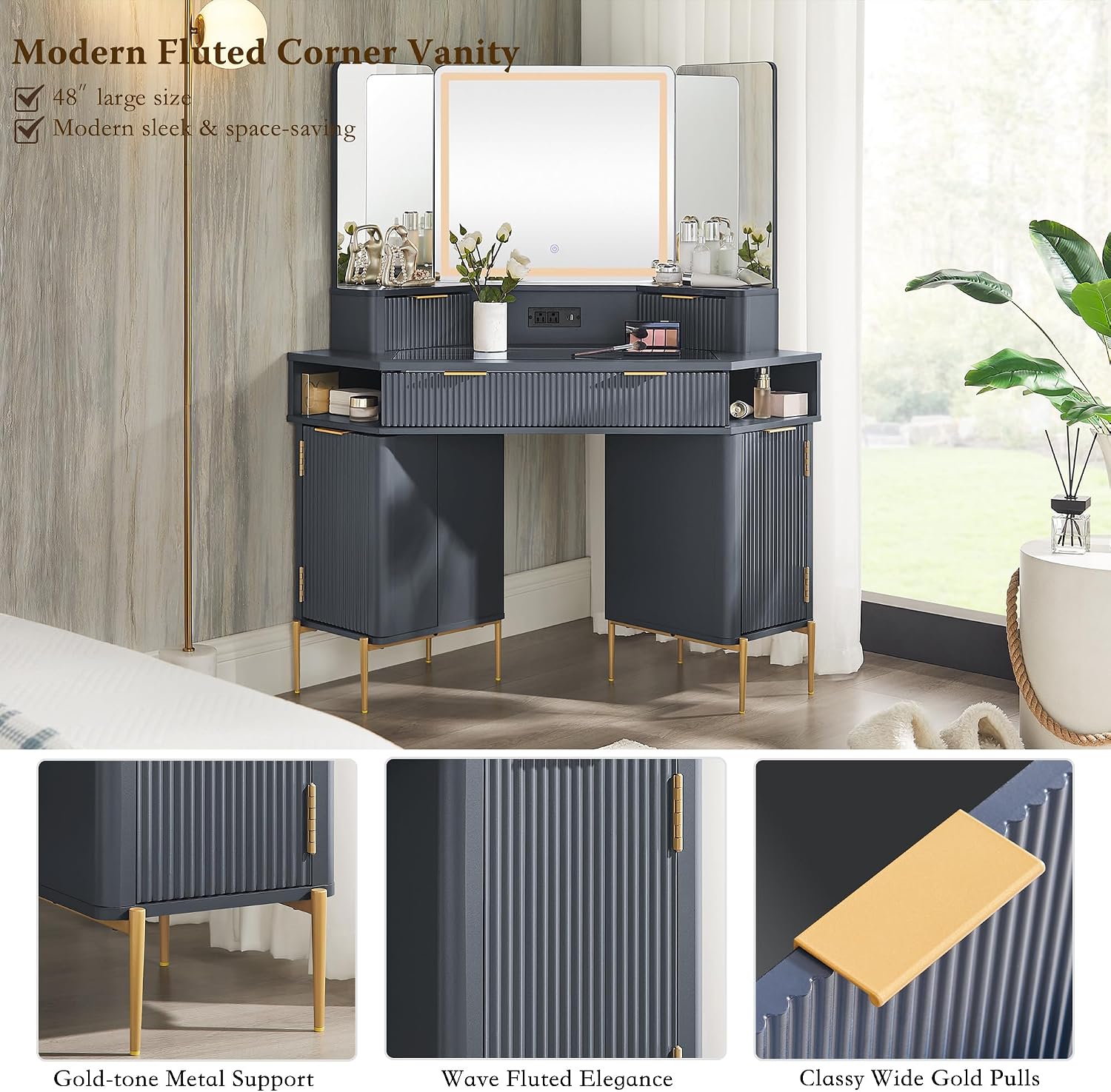 T4TREAM Corner Vanity Desk with Mirror and Lights, 48' Modern Fluted Makeup Vanity with Glass Top, 3-Panel Lighted Mirror & Charging Outlet, Dressing Table with 3 Drawers & 2 Cabinets, Dark Grey