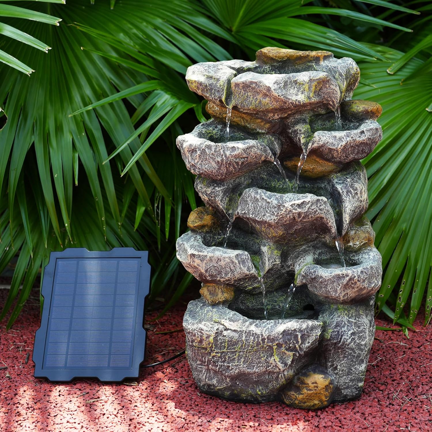 Solar Water Fountain Outdoor Garden, 19.3 Inch Cascading Stone Design 5 Tier Rock Feature Outdoor Fountains Waterfalls with Light, Pump Solar Panel for Patio, Deck, Porch, Backyard Home Décor