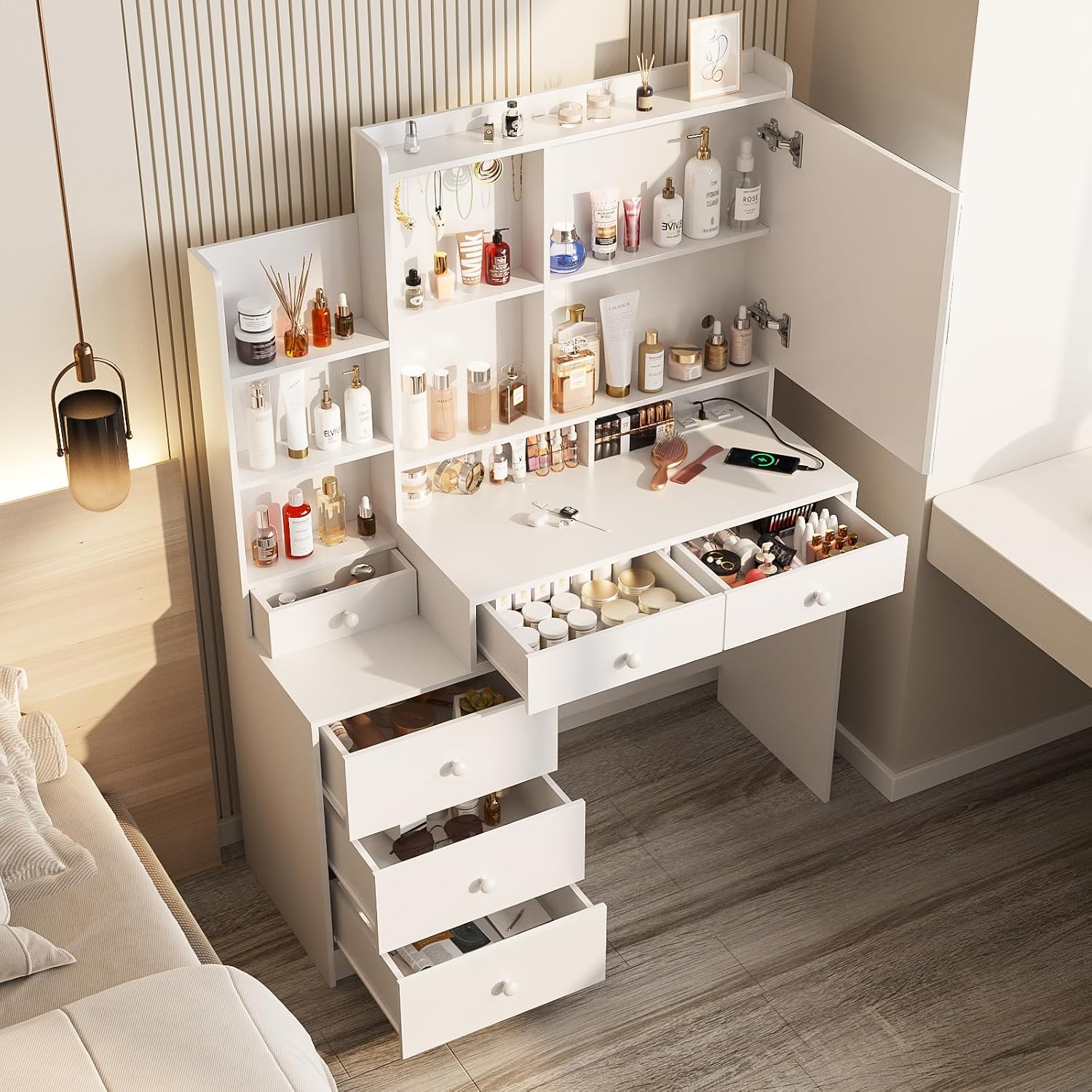 Vabches Vanity Desk with Mirror and Lights, Makeup Vanity with 6 Drawers and Shelves, Dressing Table with Power Outlet, Makeup Desk with Led Lighted Mirror in 3 Colors, for Bedroom, White