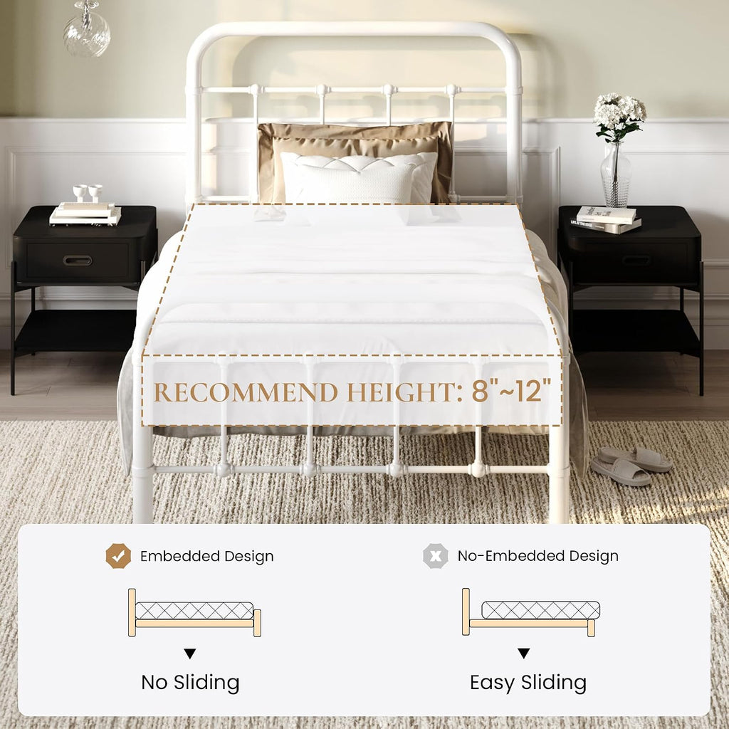 SHA CERLIN Twin Size Metal Platform Bed Frame with Vintage Style Headboard and Footboard, Heavy Duty Mattress Foundation, No Box Spring Needed, Easy Assembly, White