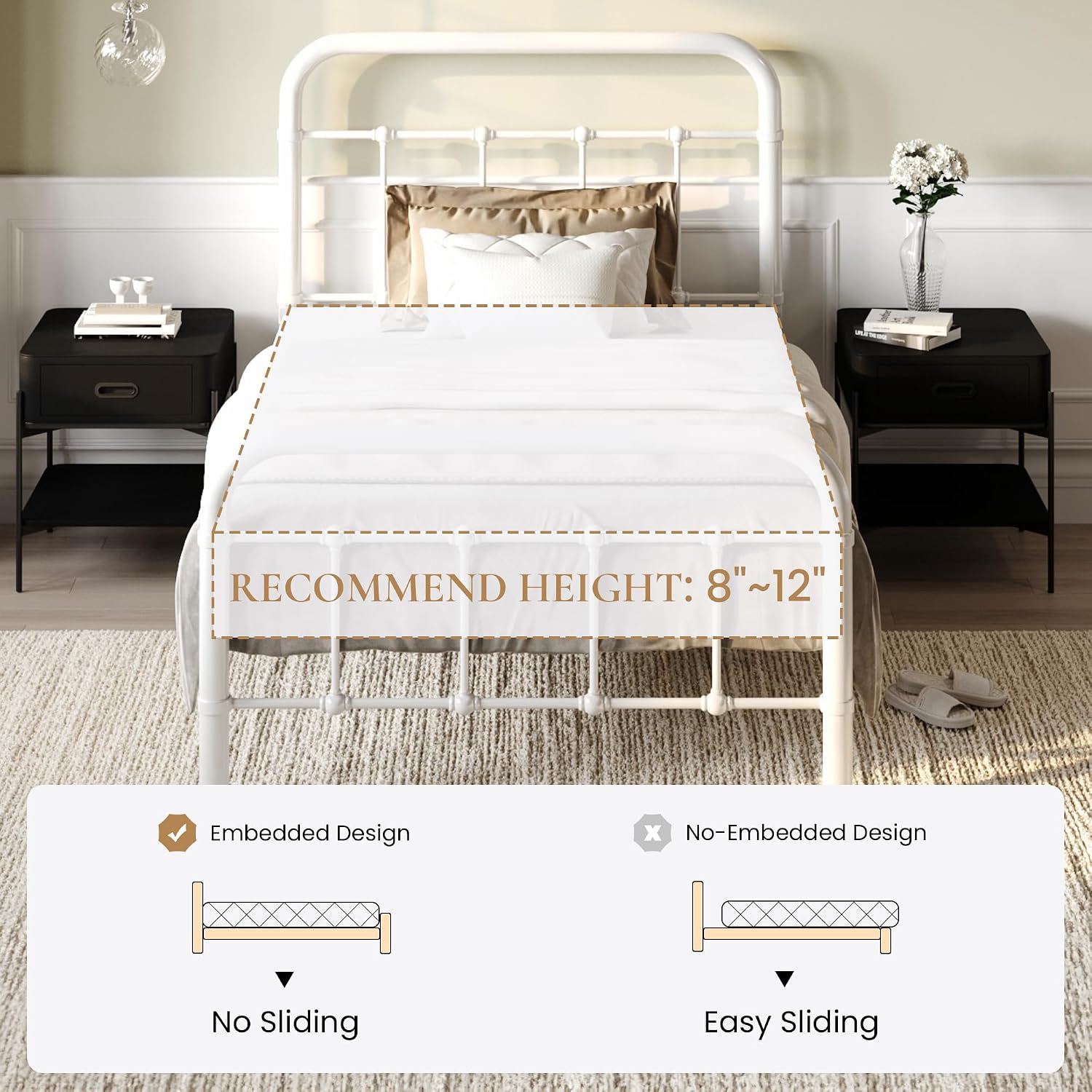 SHA CERLIN Twin Size Metal Platform Bed Frame with Vintage Style Headboard and Footboard, Heavy Duty Mattress Foundation, No Box Spring Needed, Easy Assembly, White