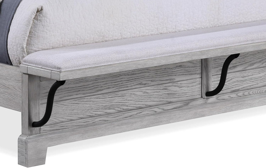 3pc Light Gray Finish King Size Panel Built-in Bench Bed Set Bedroom Solid Wood Furniture