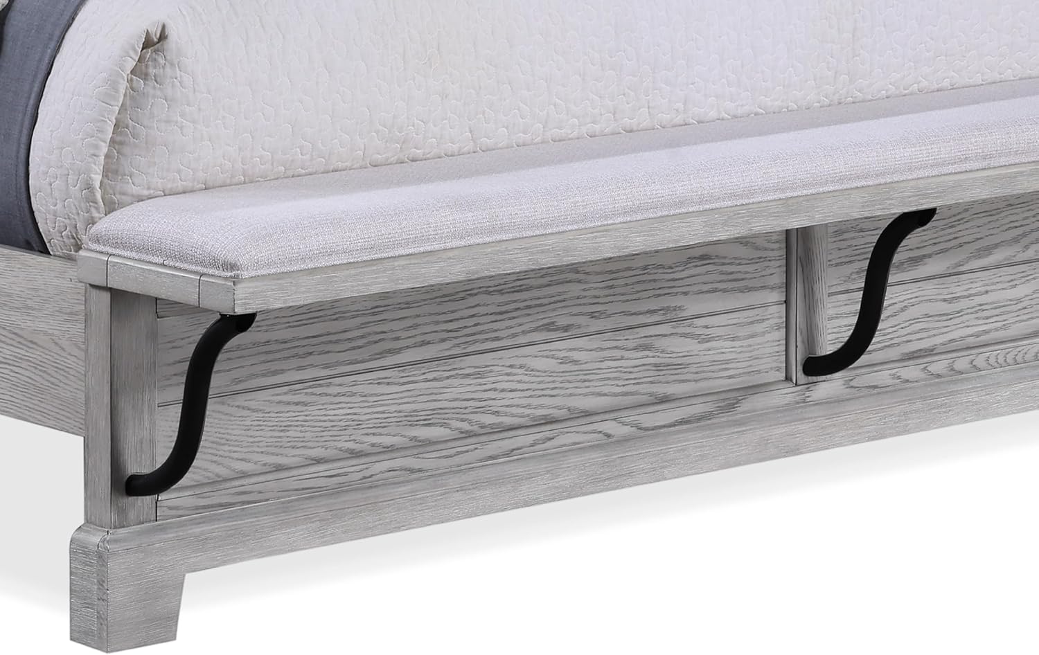 3pc Light Gray Finish King Size Panel Built-in Bench Bed Set Bedroom Solid Wood Furniture
