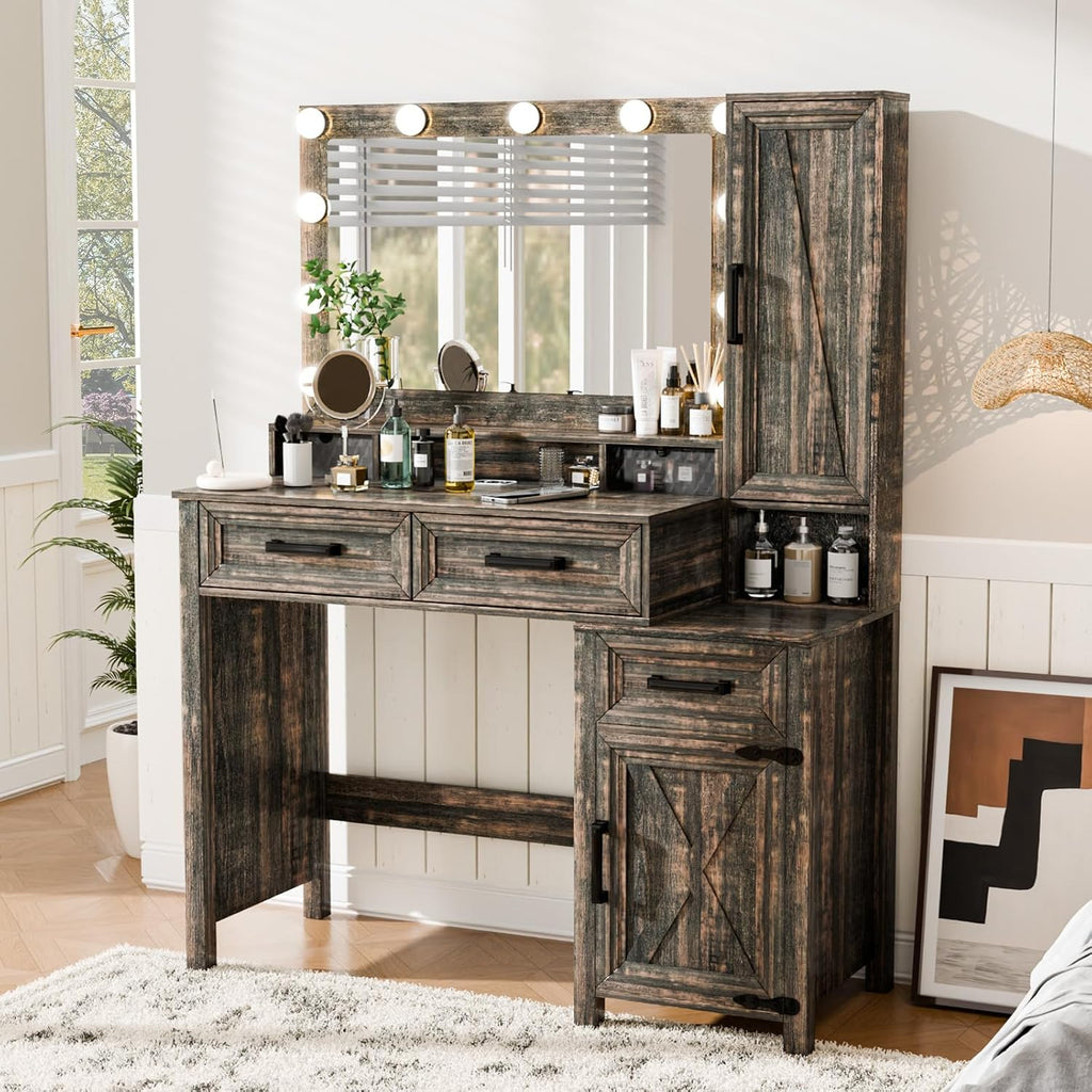 Topcomfy Farmhouse Vanity Desk with 3 Adjustable Light Colors & Power Outlet, Makeup Vanity Table with Sliding Jewelry Cabinet, Built-in Lipstick Organizer, 3 Drawers & Shelves for the Bedroom, Brown