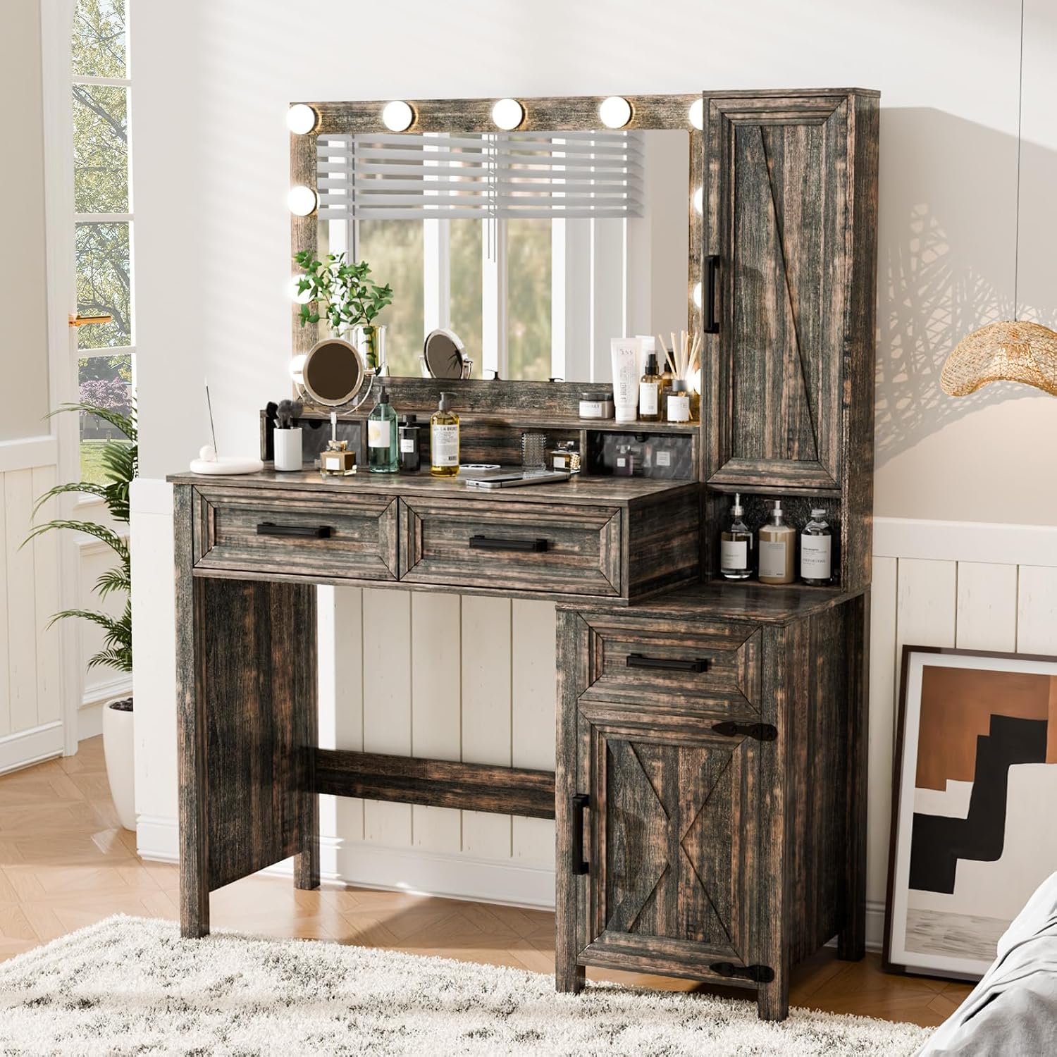 Topcomfy Farmhouse Vanity Desk with 3 Adjustable Light Colors & Power Outlet, Makeup Vanity Table with Sliding Jewelry Cabinet, Built-in Lipstick Organizer, 3 Drawers & Shelves for the Bedroom, Brown