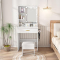 Runboll Small Vanity Desk with Mirror and Lights, Compact Makeup Vanity with Power Strip & Hairdryer Holder, Dressing Table Set with Stool, Drawers & Shelves