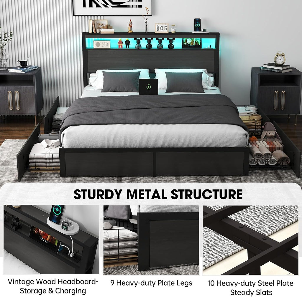 Fabulis Queen Bed Frame with Storage Headboard and 4 Drawers, Metal Platform Bed Frame with LED Light, Charging Station, No Box Spring Needed, Noise Free, Easy Assembly,Charcoal Grey