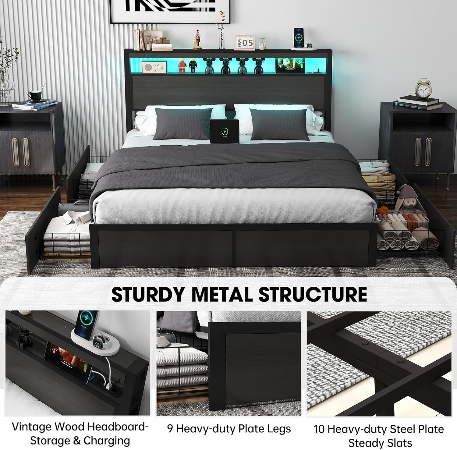 Fabuils Full Size Bed Frame with Storage, LED Wood Bed Platform with Headboard, 4 Drawers, Charging Station, No Box Spring Needed, Metal Support Base,Charcoal Grey