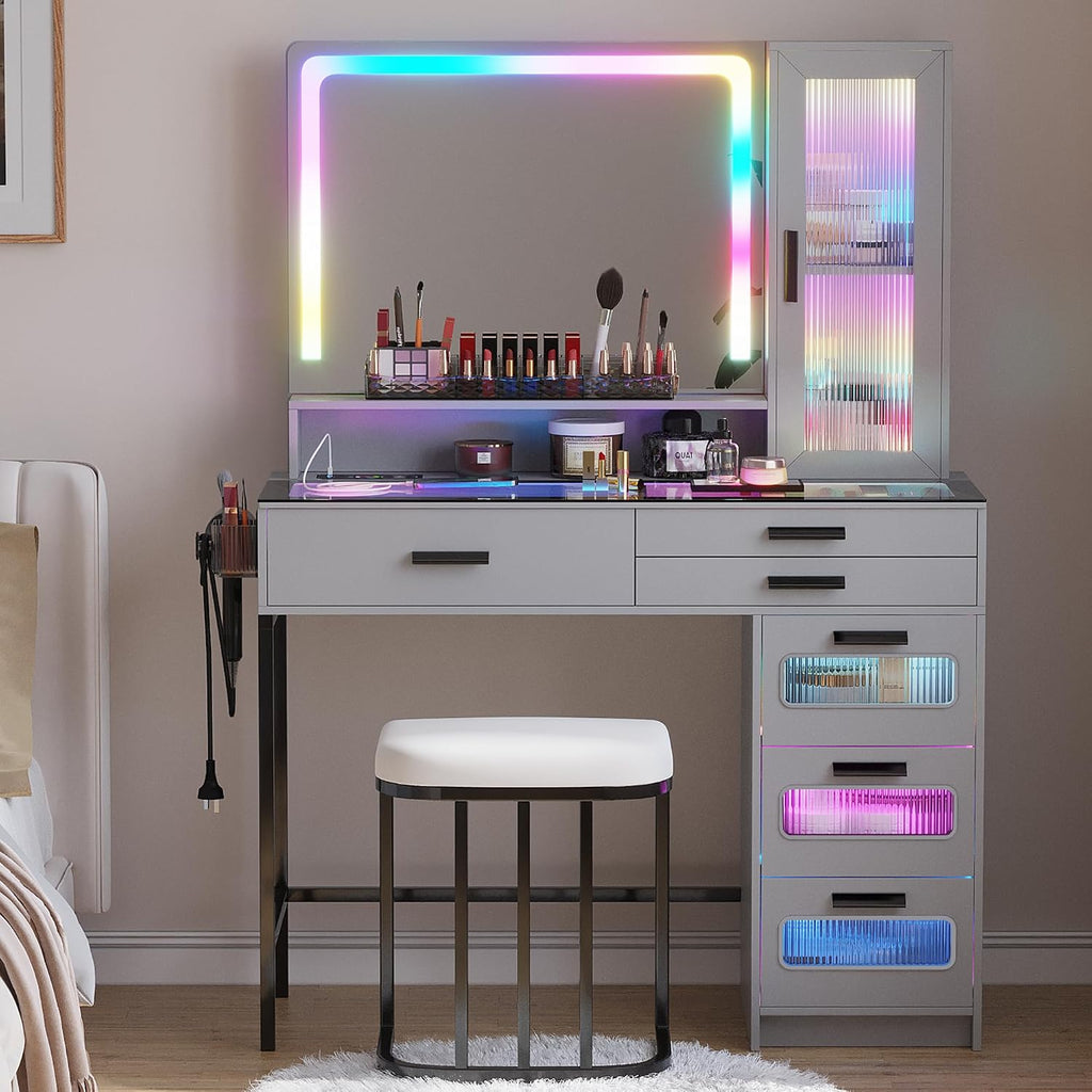 HENBC Vanity with Mirror and LED Lights, Glass Top Vanity Desk with Charging Station(Wireless+USB+Type-C), RGB Makeup Table Set with Stool/Makeup Organizer/6 Drawers for Bedroom,Grey