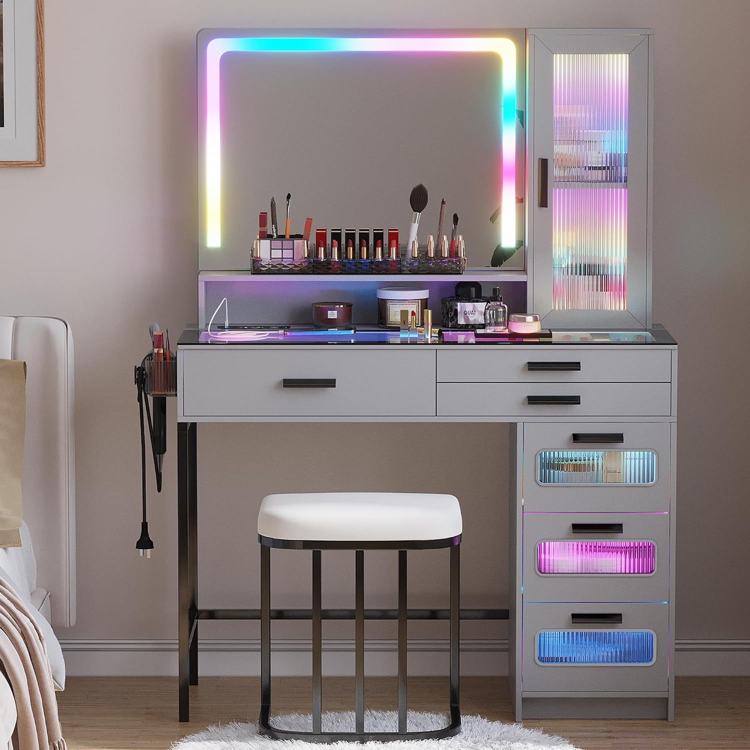HENBC Vanity with Mirror and LED Lights, Glass Top Vanity Desk with Charging Station(Wireless+USB+Type-C), RGB Makeup Table Set with Stool/Makeup Organizer/6 Drawers for Bedroom,Grey