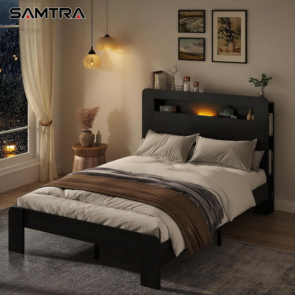 Wooden Bed Frame Full Size with Storage Headboard - Farmhouse Platform Bed Frame with Bookcase Shelf & Led Lights, Sturdy Wood Slat Framework Bed Frame (Black LED)