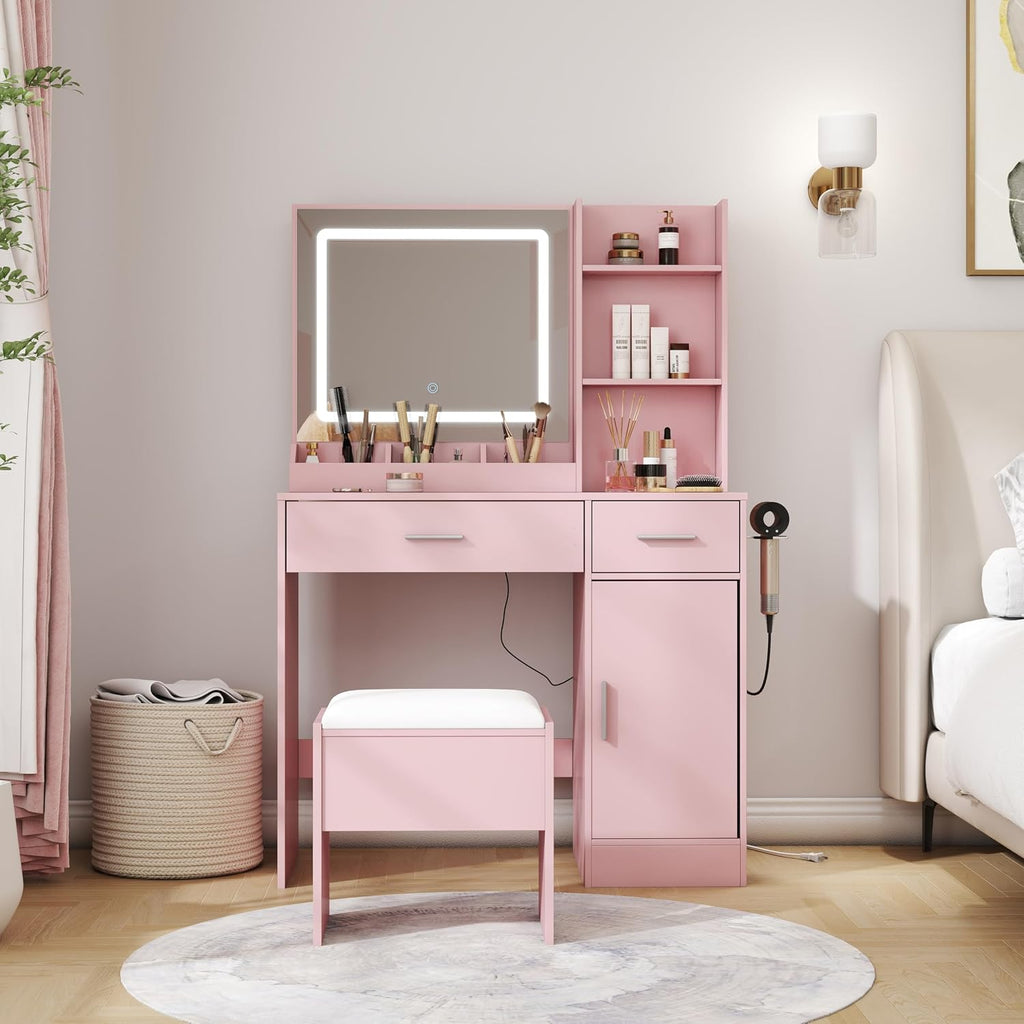Roundhill Furniture Lavin Makeup Vanity Set, Vanity Desk with Stool, LED Light Mirror and Charging Station, Pink