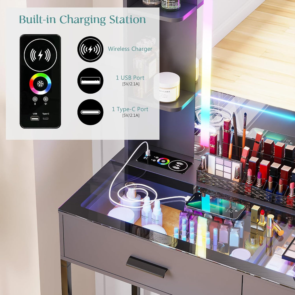 HENBC Vanity with Mirror and LED Lights, Glass Top Vanity Desk with Charging Station(Wireless+USB+Type-C), RGB Makeup Table Set with Stool/Makeup Organizer/6 Drawers for Bedroom (Grey)