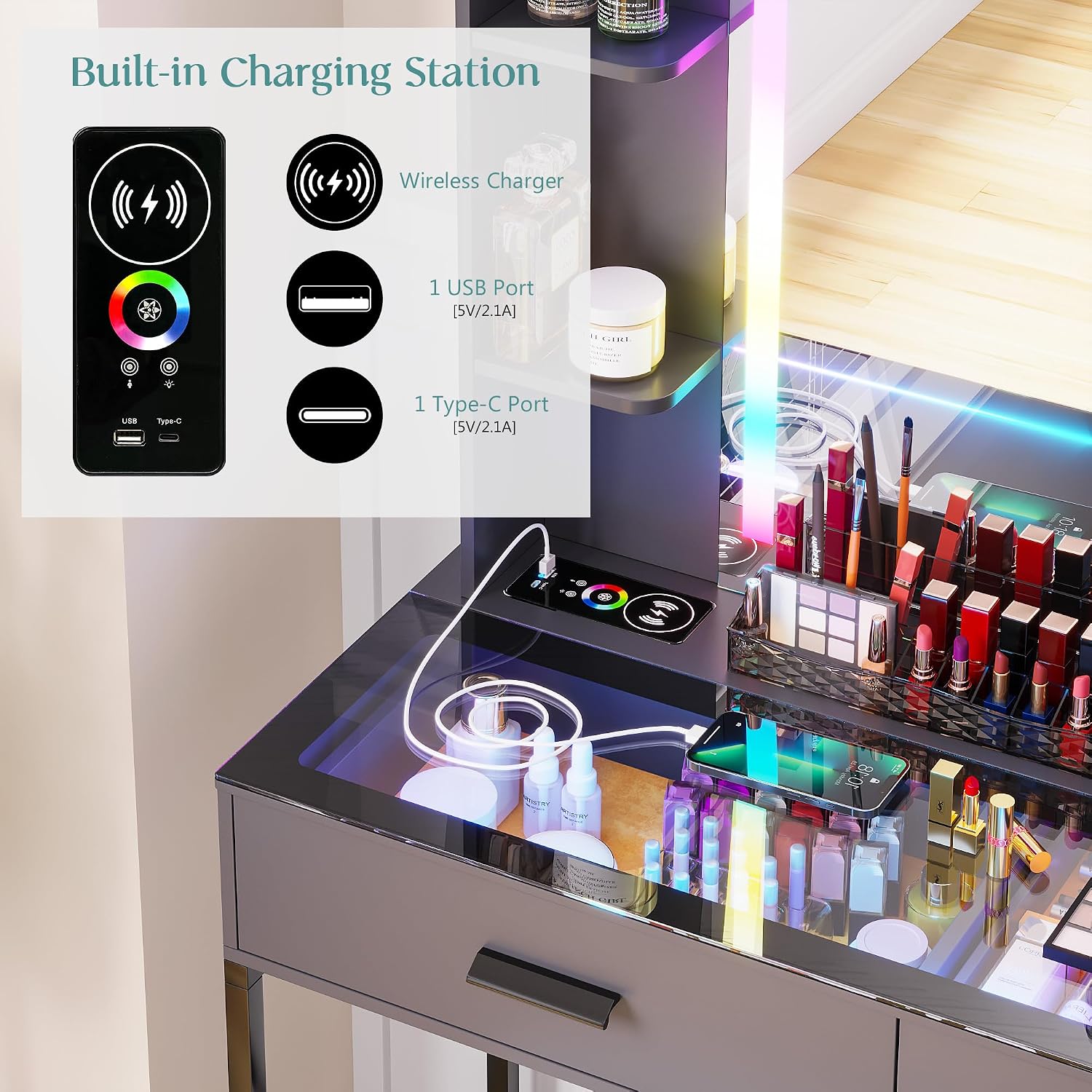 WOOVIVS Vanity with Lights for Girls- Vanities Table with LED Mirror, RGB Makeup Vanity with Wireless Charging Station, 6 Drawers Dress with Glass Top,Chair,Jewelry Organizer for Bedroom-Grey