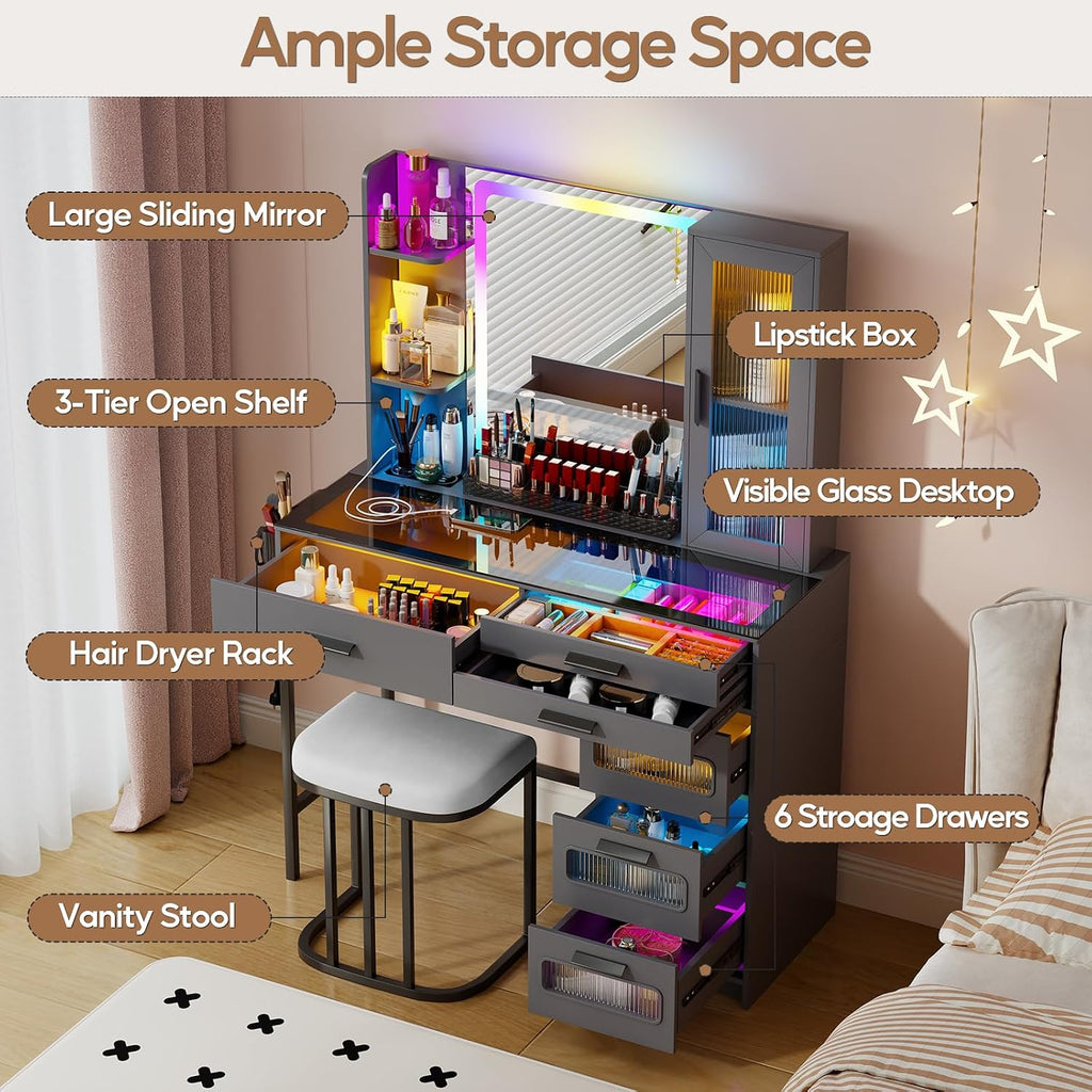 Grey Makeup Vanity Desk with Mirror and Lights,Vanity Table Set with Charging Station, Dressing Table with RGB Cabinets,Girls Vanity with Makeup Organizer and Drawers
