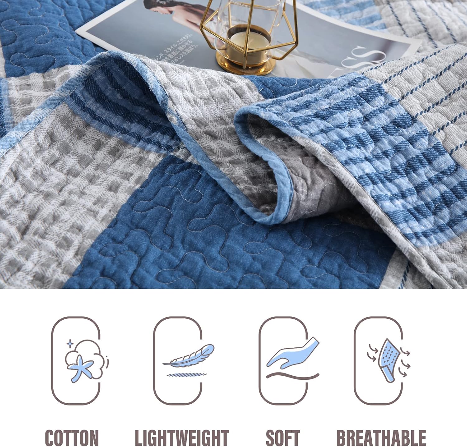 Y-PLWOMEN Plaid Quilt King Size - 100% Cotton Farmhouse King Quilt with 2 Pillow Shams, Lightweight Breathable Quilted Bedspreads Bedding Set, Blue Navy, King(98 * 106 Inch)