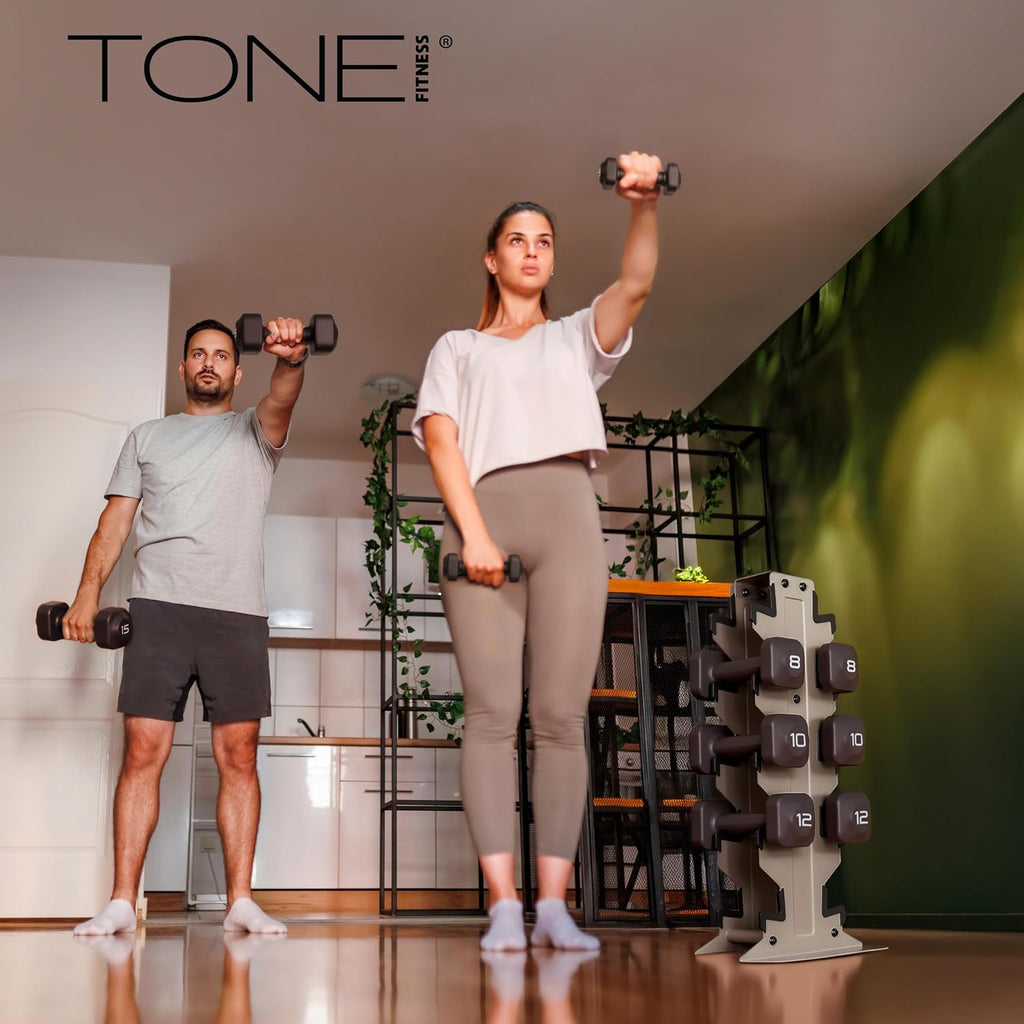 Tone Fitness Neoprene Dumbbell Set with Storage Rack – Non-Slip, Anti-Roll Hand Weights for Home Gym Workouts | 20 lb, 32 lb, 50 lb, 60 lb & 100 lb Options