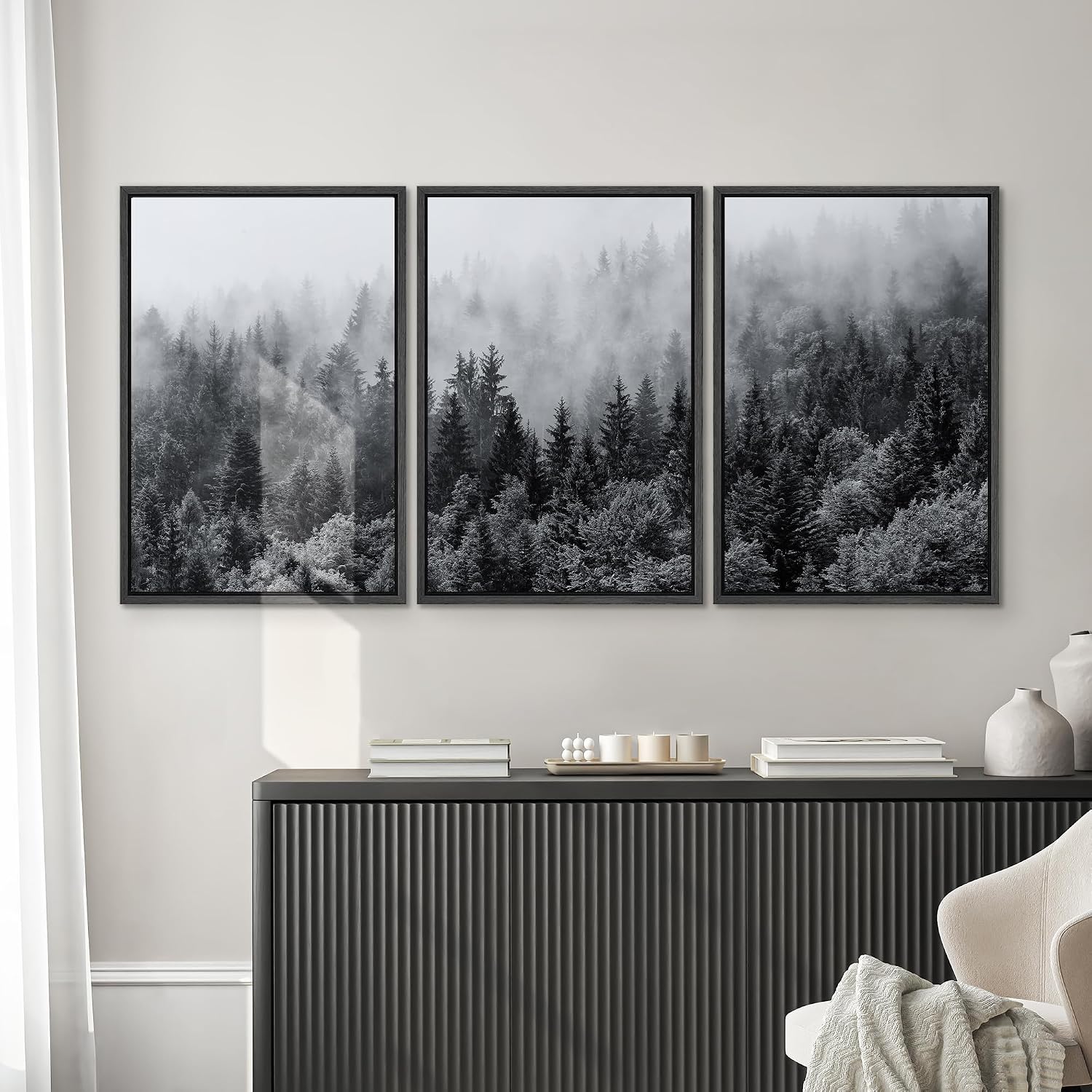 SIGNWIN Framed Canvas Print Wall Art Set Black & White Misty Mountain Forest Nature Wilderness Photography Modern Art Landscape Relax/Calm for Living Room, Bedroom, Office - 16'x24'x3 Black